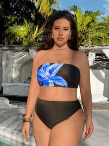 Slaysola Set de 3 piezas de traje de baño de tallas grandes con estampados de leopardo y flores tropicales