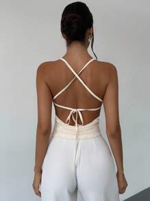 Firerie Áo hai dây buộc chéo hở lưng cổ thấp họa tiết thanh lịch, thời trang dành cho nữ, tiệc tùng hàng ngày, ngày lễ, màu mơ, xuân/hè, bãi biển, đi làm, thanh lịch, gợi cảm, kỳ nghỉ, bãi biển, bohemian, Hawaii, lễ hội âm nhạc, trang phục công sở, áo buộc phía trước - Màu be - Xem 7