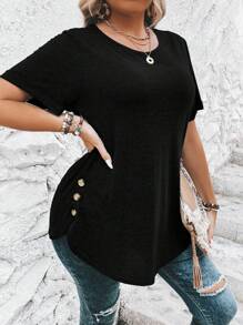 SHEIN CURVE+ Plus Size Women's Casual Long T-Shirt: Skin-Friendly Knitted Fabric, Round Neck, Short Sleeves, Asymmetrical Hem With Button Details, And Semi-Sheer Design For Effortless Style. - Black - View 3