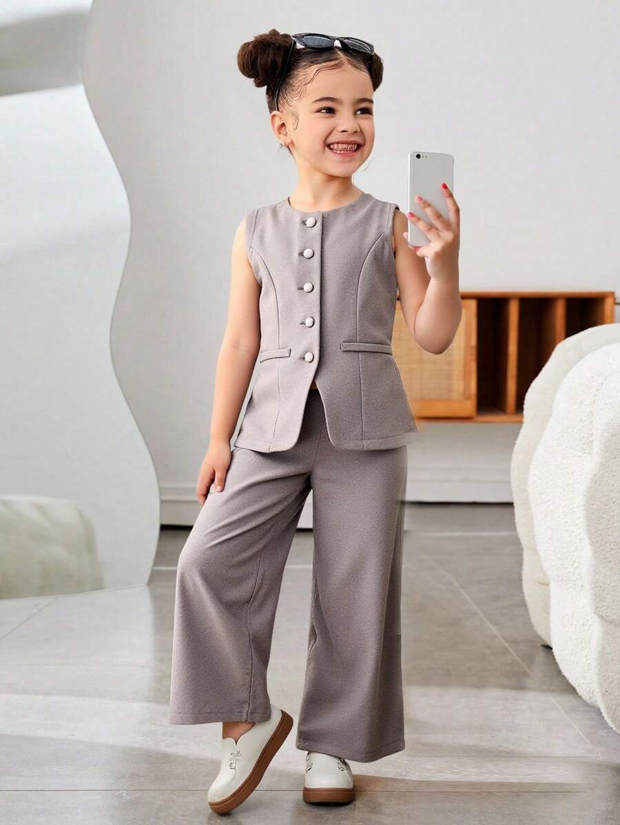 SHEIN 年轻女孩通勤休闲纯色梭织无袖圆领上衣和直筒裤套装，法式 - 卡其色 - 查看 1