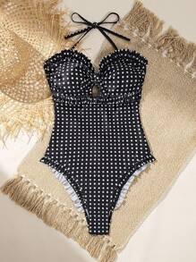 Swim Mod Women's Summer New Seaside Swimming Fashionable Vacation Sweet Black & White Polka Dot Print Cute Ruffle One-Piece Swimsuit - Black and White - View 3