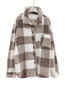 INAWLY Women's Plaid Fuzzy Single-Breasted Casual Loose Regular Jacket