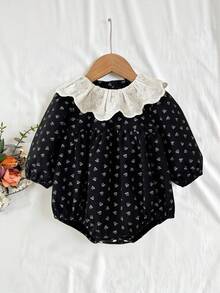 SHEIN A8054 Baby Girls Spring/Autumn Bodysuit With Lace Collar, Simple Design Fall Winter - Black - View 3