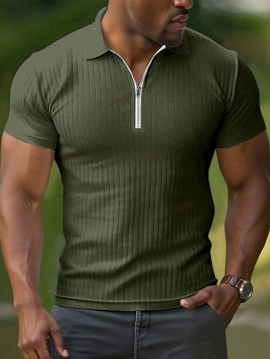 Manfinity Homme 男士纯色短袖拉链设计休闲通勤 Polo 衫 - 軍綠色 - 查看 1