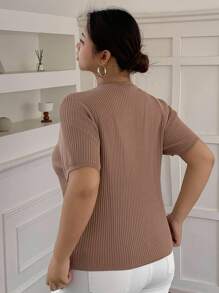 Dazy Plus Suéter holgado de punto de manga corta con cuello redondo y unicolor para mujer de talla grande - Caqui - Ver 2