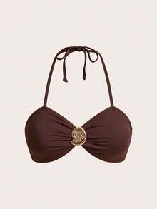 Swim Chiccia Plus Size Solid Color Metal Decor Halter Bikini Top - Coffee Brown - View 5