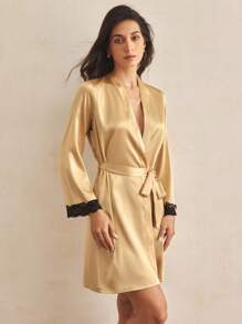 SHEIN Women's Elegant Contrast Color Lace Patchwork Satin Robe - Yellow - View 6