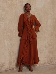 Lumalex VITNOS Thu/Đông Cao cấp mới Bohemian Vintage thanh lịch cà phê voan dài tay nhiều lớp nhún bèo eo không đối xứng viền váy dài cho nữ, thích hợp cho buổi hòa nhạc, hẹn hò, đám cưới, tiệc tùng, sinh nhật, kỳ nghỉ - Rỉ Nâu - Xem 2