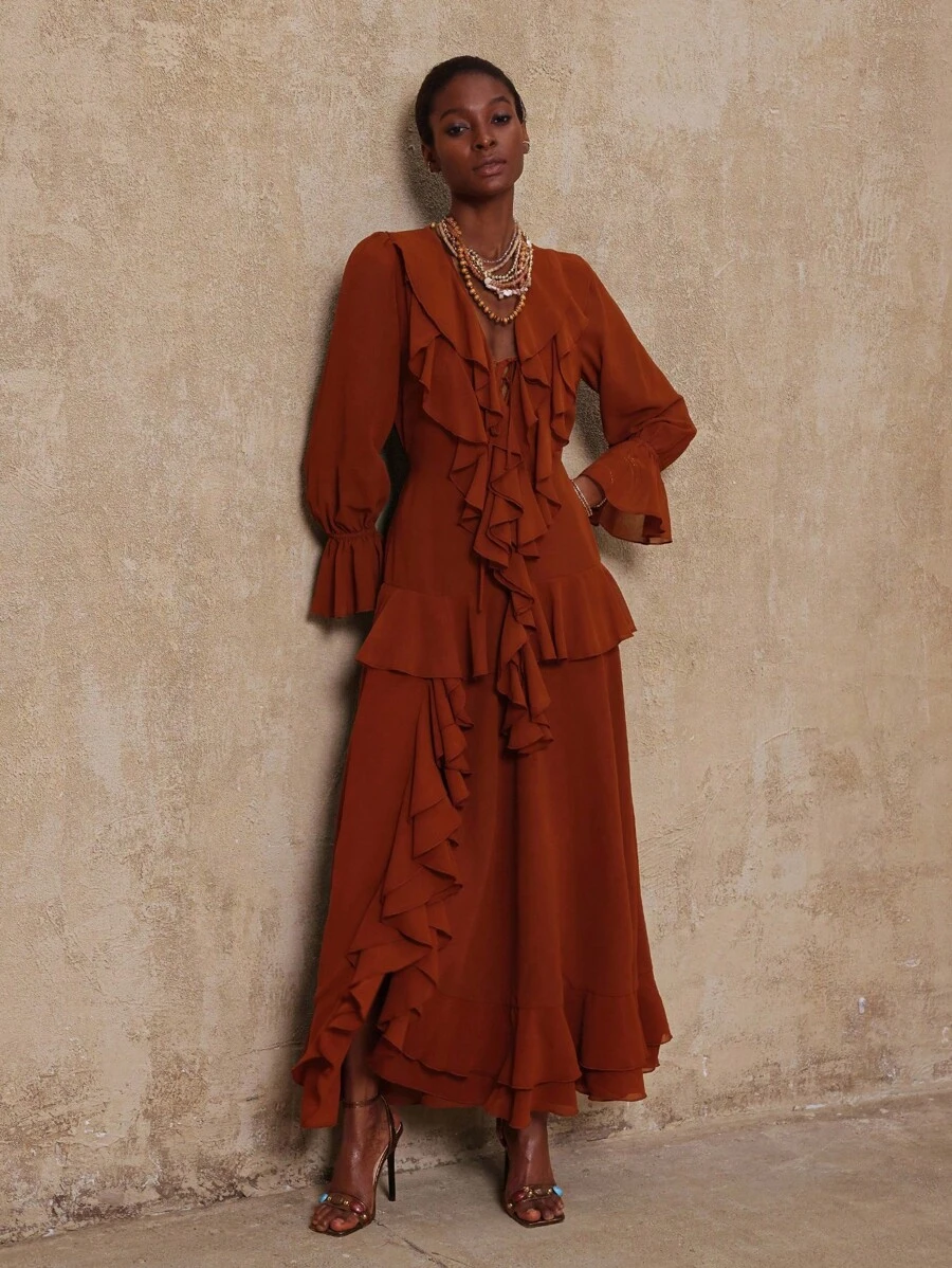 Lumalex VITNOS Thu/Đông Cao cấp mới Bohemian Vintage thanh lịch cà phê voan dài tay nhiều lớp nhún bèo eo không đối xứng viền váy dài cho nữ, thích hợp cho buổi hòa nhạc, hẹn hò, đám cưới, tiệc tùng, sinh nhật, kỳ nghỉ