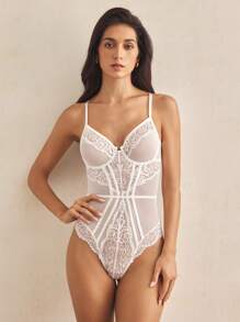 Charlaine Contrast Lace Mesh Underwire Teddy Bodysuit Lingerie UnderwearOuter - White - View 4