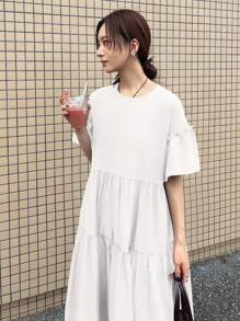FRIFUL 女士圆领撞色荷叶边宽松短袖休闲中长连衣裙，夏季白色连衣裙，宽松连衣裙，府绸连衣裙，层叠连衣裙，吊带裙 - 白色 - 查看 5