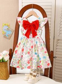 女童优雅印花圆领荷叶袖露背蝴蝶结装饰腰部荷叶边下摆休闲时尚连衣裙，适合度假旅行，夏季女童蝴蝶结连衣裙 - 紅色 - 查看 3