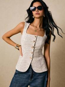 Poéselle Damen Top, gestrickter Tweed mit Metallknopfleiste, Rückentaille-Bindung, asymmetrischer Saum, Damen Top, Damen Top mit quadratischem Ausschnitt, einreihig, modische Rückentaille-Bindung, Trägerhemd, Herbst Tops, Herbstkleidung für Damen, Winterkleidung für Damen, Herbst Outfits, Ausgeh-Tops, Y2K, Business Lässig Frau