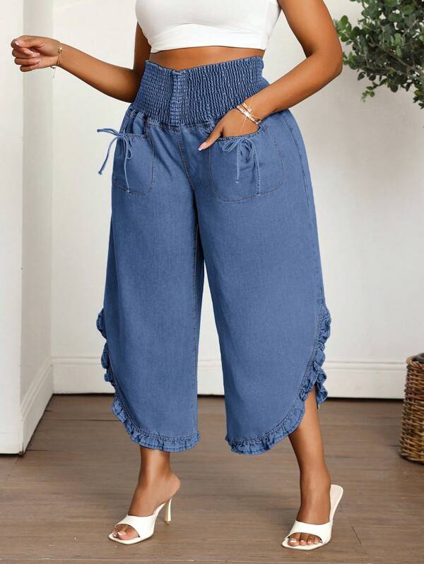 SHEIN Lady Jeans azules de talla grande, corte holgado, desgastados y acampanados de 7/8 de longitud