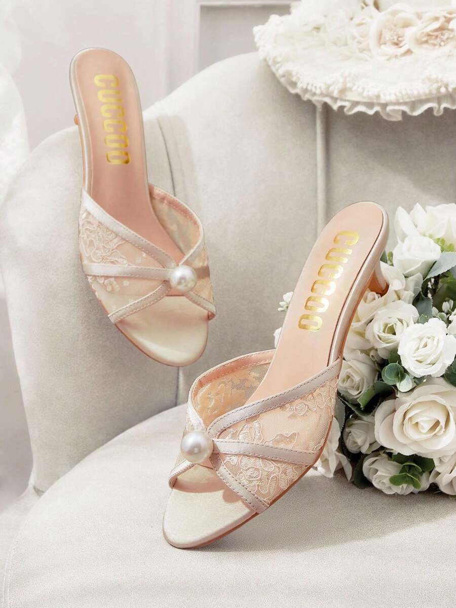 CUCCOO HITCHD Women's Fashion Round Toe Kitten Heel Apricot Lace Mesh Pearl Wedding Party Occasion High Heel Sandals, Open Toe Sandals For Christmas Elegant Shoes Wedding Shoes - Apricot - View 1