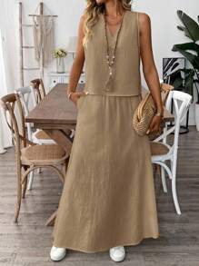 EMERY ROSE 1 Set Atasan Tanpa Lengan dan Rok Panjang Linen Warna Polos untuk Wanita - Khaki - View 6