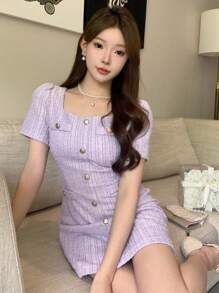 DAZY Đầm mini cổ vuông màu trơn thanh lịch có nút trang trí họa tiết dành cho nữ, mùa hè - Màu tím hoa cà - Xem 7