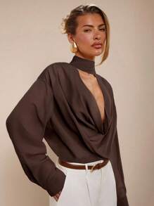 COSMINA Áo cổ khoét sâu màu trơn thanh lịch gợi cảm dành cho nữ, mùa hè - Cà phê nâu - Xem 1
