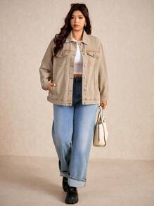 Elaquor Áo khoác denim rách giặt thường ngày cỡ lớn - Màu be - Xem 2