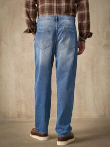 Manfinity Homme 男士中蓝色宽松直筒牛仔裤 - 中等水洗藍 - 查看 2