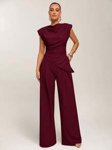 Silquee Top elegant pentru femei, culoare solidă, cu umeri lați, tiv asimetric, vară, top vin, top vișiniu, drapat, mânecă scurtă, top maro, toamnă, stil vechi de damă, stil Stockholm, ținută business casual pentru femei, ținută office, pentru ieșiri în oraș, birou - Burgundia - Vizualizare 4