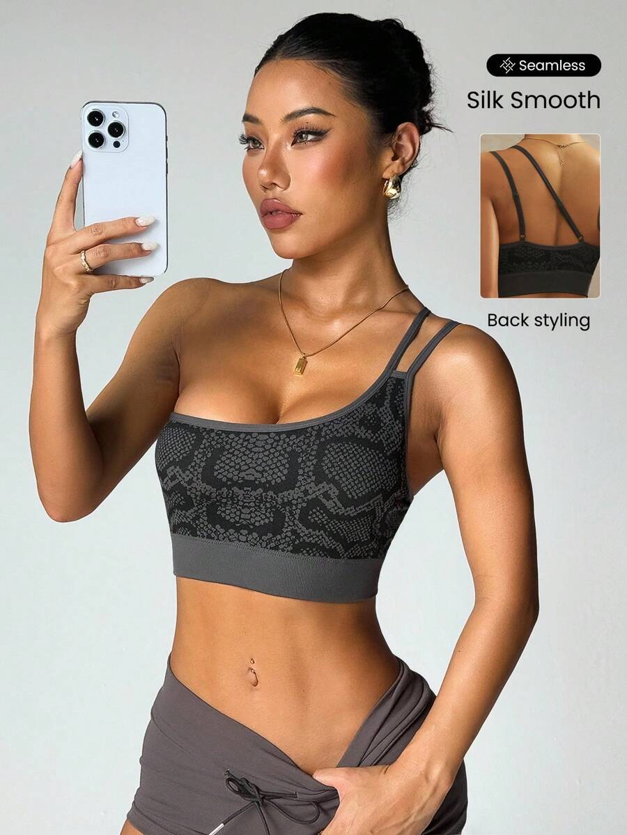 Dewbera Women's Dark Grey Snake Print Spaghetti Strap Sports Bra Crop Top,Black Summer Sexsy Pilates Athletic Tank,Seamless Silk Smooth Backless Gym Workout - Dark Grey - View 1