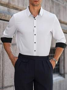 Manfinity Bizformal 男士休闲百搭长袖衬衫，适合通勤，秋季 - 白色 - 查看 5