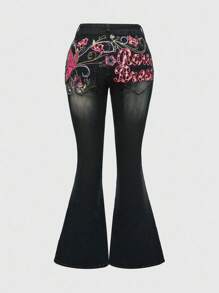 ROMWE Fairycore Y2K蝴蝶刺绣做旧超低腰紧身牛仔裤（女款） - 藍色 - 查看 1