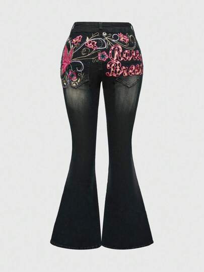 Fairycore Jeans skinny taille très basse délavé avec broderie papillon Y2K pour femmes