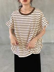 FRIFUL 女式条纹宽松撞色荷叶边下摆T恤学院风上衣