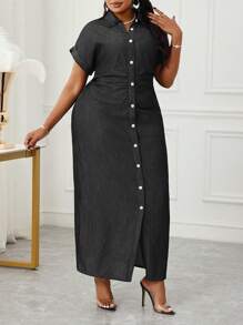 SHEIN Lady Plus Size Casual Solid Color Front Button Long Denim Dress  Casual Long Dress,Back To School Dress With Slit - Black - View 5