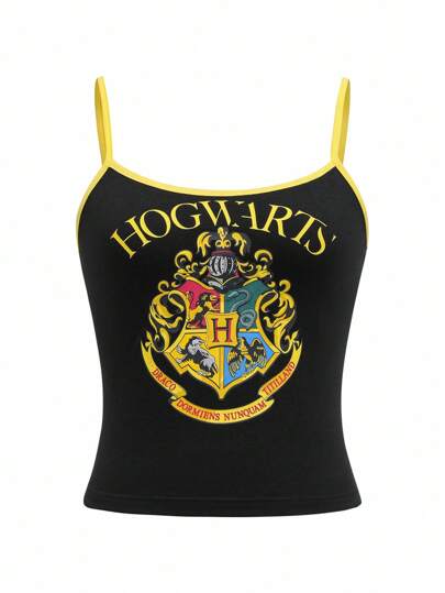 HARRY POTTER X SHEIN Women's Black Tight Camisole Top, Contrast Color, Four Houses, Graphic, Back To Sckool, Badge Pattern, All-Match