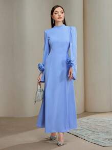 Veilorie 女式纯色立领3D花卉装饰长袖优雅连衣裙