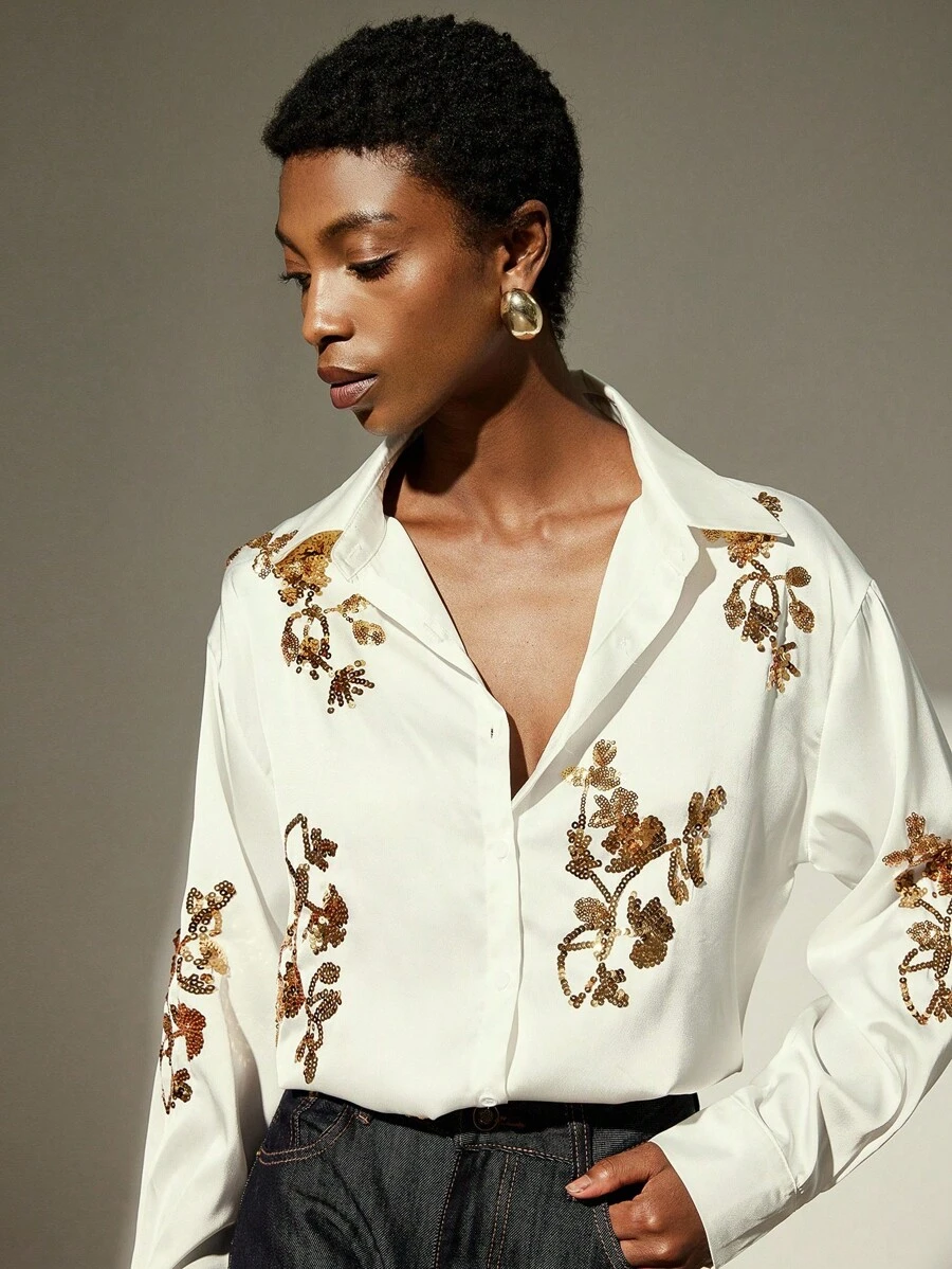 Aveloria Modichic Basic Style Long Sleeve Women's Blouse With Embroidered Beaded Detailing, Exquisite Quality  Fall Cloth For Women - White - View 1