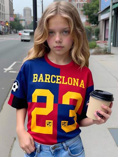 SHEIN 23, BARCELONA, STREETSTYLE, Kids' Choice Collection, Everyday Basic, Happy Kids, Pastel Colors For Kids, Bikercore, Family Trip, Happy Days, I Love Mommy, I Love Daddy, Lovely Home, Cool Kids, Tween Girl Casual Pattern Loose Fit Dropped Shoulder Short Sleeve T-Shirt, Suitable For Summer Barcelona Jersey Kids Kids Football Shirt Girls Football Shirt Youth Soccer Jersey Number 23 Barcelona