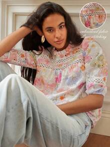 Écloséra بلوزة أنيقة وأنيقة بطبعات التطريز الرجعية بياقة مستديرة وأكمام ثلاثية الأرباع، مناسبة للعطلات والمعلمين والحفلات الريفية والمكتب والخروج والعودة إلى المدرسة