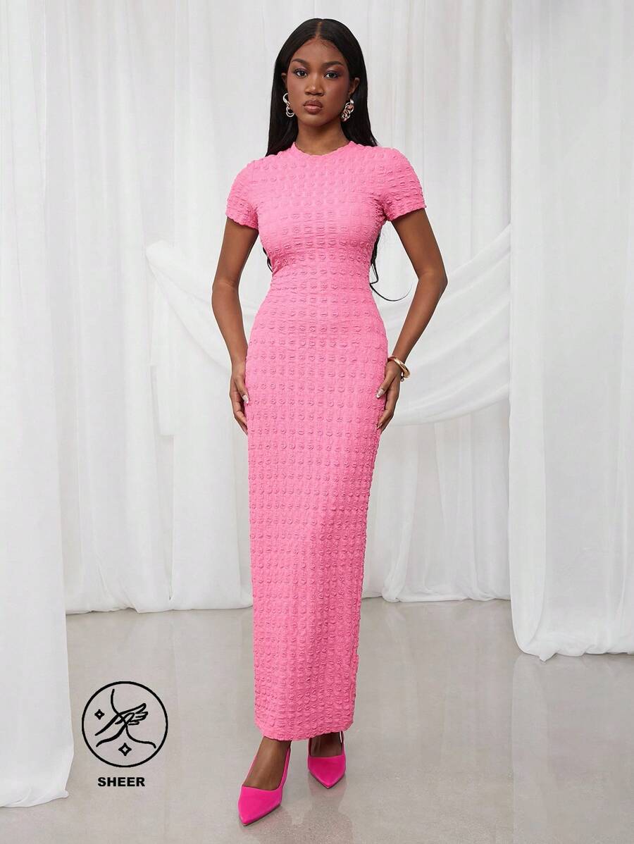 NYA SZN 春季休闲短袖修身节日夏季T恤连衣裙度假端庄春假毕业早午餐婚礼宾客特殊场合新娘晚宴舞会服装女士 - 粉色 - 查看 1