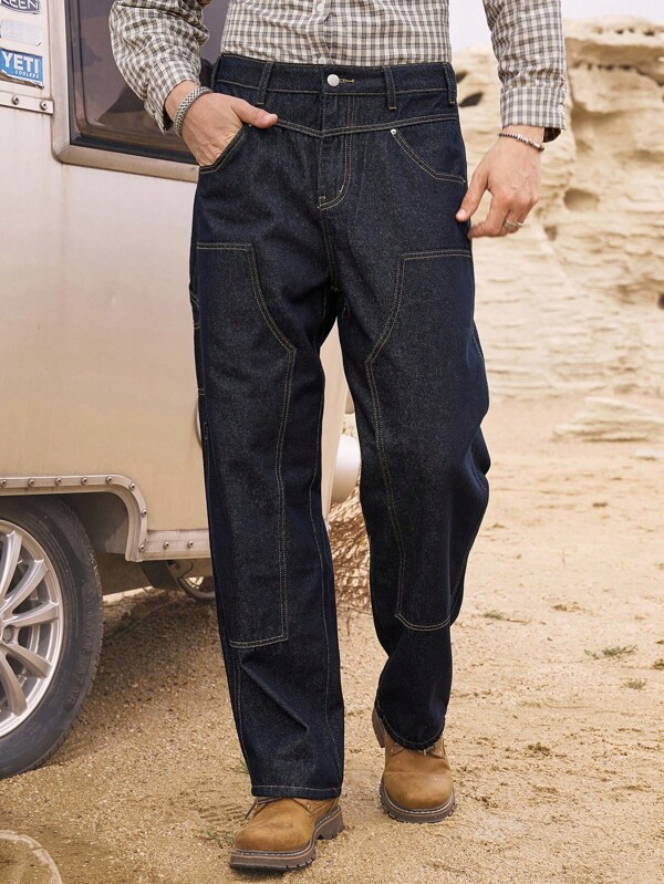 RivetRise Men's Casual Patchwork Denim Cargo Pants, All Season