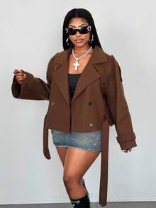 Maweii 大码棕色翻领系腰长袖休闲短外套，适合通勤，秋冬季女装 - 咖啡棕 - 查看 3
