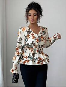 Elenzga بلوزة أنيقة رومانسية بأكمام فانوس مطوية وخصر مجمع وذيل مزدوج الكشكشة، مناسبة للعمل والعطلات، خريفية