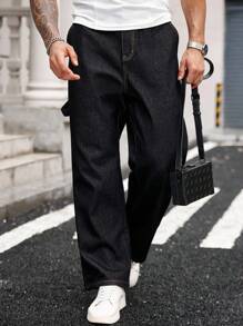 Manfinity Homme Plus Size Men's Street Fashion Casual Multi-Pocket Cargo Black Denim Jeans