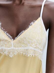 Maija Yellow Spaghetti Strap Cami With Lace Detail And Plant-Inspired Pattern,Fall Women Clothes,Halloween,Autumn, Christmas Women's Clothing  Christmas Pajamas Family