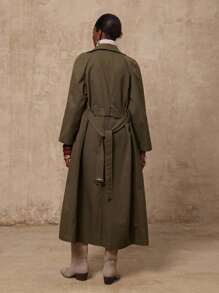 SHEIN Privé VITNOS Fall Summer Modest Old Money Holiday Party BOHO Women's Solid Color Lapel NeckCasual Long Sleeve Fashion Trench Coat - Dark Green - View 9