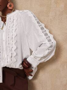 Lumalex VITNOS 2025 Autumn/Winter New Luxury Bohemian Vintage Casual Fashion White Lace Patchwork Long Sleeve Blouse, Suitable For Easter, Music Festivals, Halloween, Back To School, Daily Outings, Parties