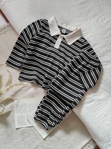 SHEIN 2 件儿童条纹休闲长袖套装，Polo 领 T 恤和裤子套装，适合秋季幼儿男孩 - 黑色 - 查看 1