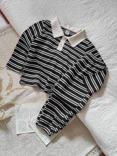 SHEIN 2 件儿童条纹休闲长袖套装，Polo 领 T 恤和裤子套装，适合秋季幼儿男孩