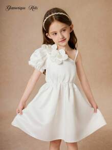 Glamorique Kids Young Girls Flower Bridesmaid Dress, Wedding, Flower Girl,Elegant,3D Rose,Summer Dress ,Birthday Photo Clothing,Birthday Party,Party Performance,Suitable For Formal Occasions, Stage, Piano Performance White Dress For Girls Ivory Dress For Girls Girls White Elegant Dress - White - View 3