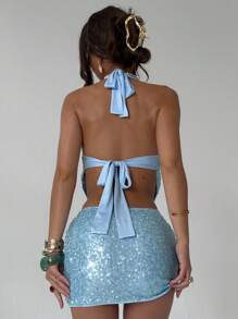 Aloruh Women's Solid Color Plunging Neck Cropped Halter Top And Bodycon Mini Skirt Sexy 2 Pieces Set Blue - Blue - View 4