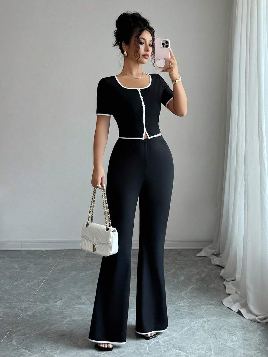 Elenzga 2pcs Women Casual Short Sleeve Top And Pants Set - Black and White - View 1