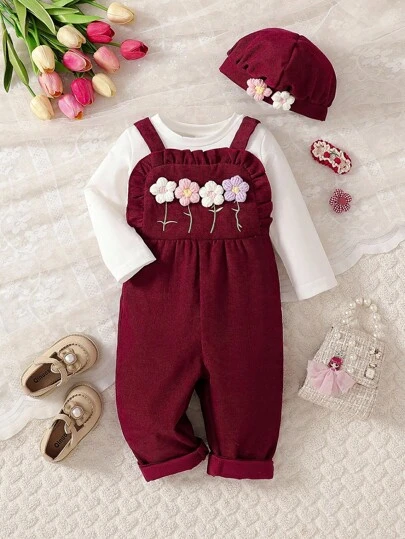 SHEIN Vintaside Kids 2pcs Baby Hooded Jumpsuit, Corduroy Embroidered 3D Floral Design Baby Girl Corduroy Overalls Baby Girl Flower Outfit Baby Girl Fall Outfit Baby Girl Winter Outfit Newborn Outfits For Girls